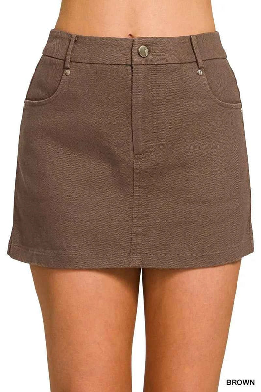 Brown Cotton Twill Lined Mini Skirt with Pockets by Zenana