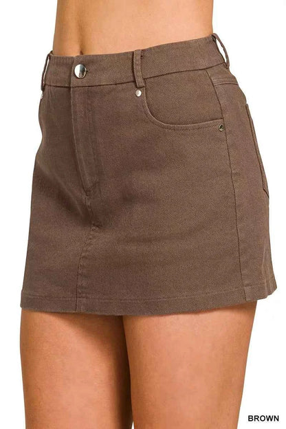 Brown Cotton Twill Lined Mini Skirt with Pockets by Zenana