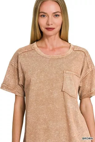 Brown Halo Snow Washed Exposed Seam Top & Shorts Set by Zenana Close View