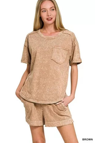 Brown Halo Snow Washed Exposed Seam Top & Shorts Set by Zenana Front View