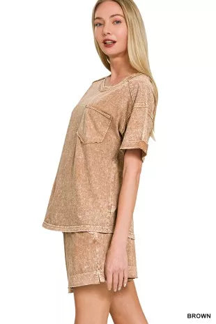 Brown Halo Snow Washed Exposed Seam Top & Shorts Set by Zenana side View