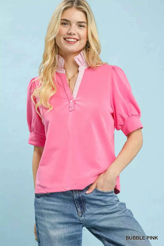 Bubble Pink Contrast Collar Puff Sleeve Top by Umgee