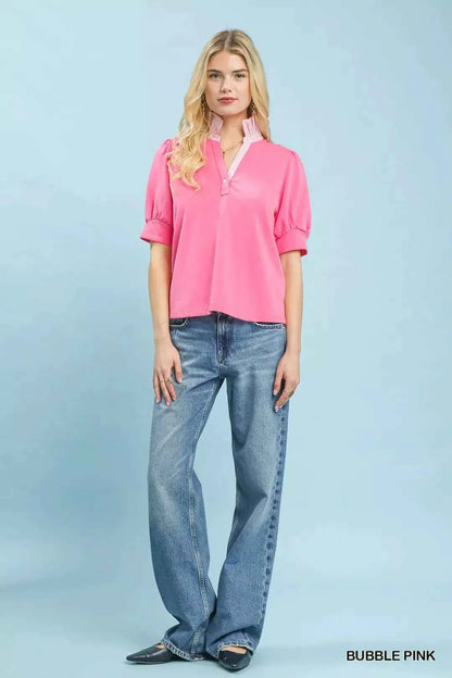 Bubble Pink Contrast Collar Puff Sleeve Top by Umgee