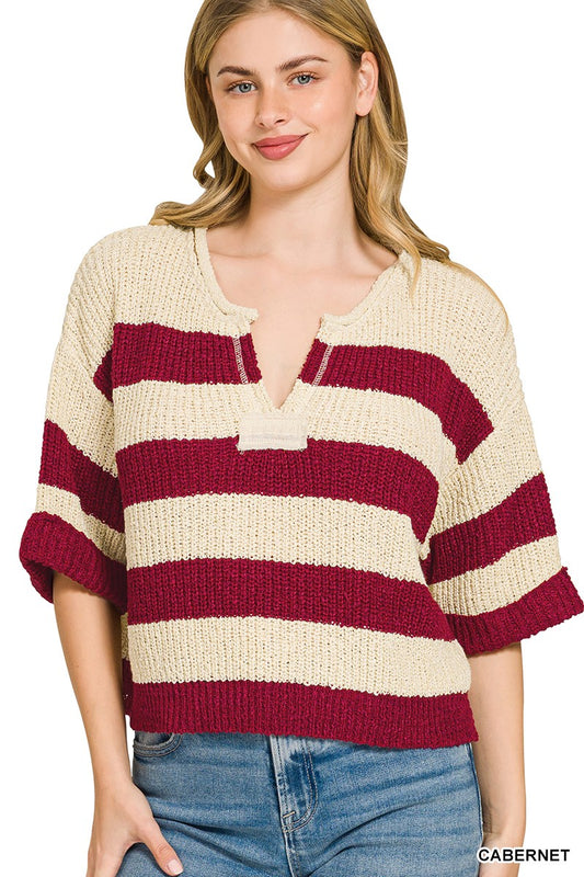 Cabernet Stripe Knit V-Neck Short 3/4 Sleeve Sweater by Zenana Front View