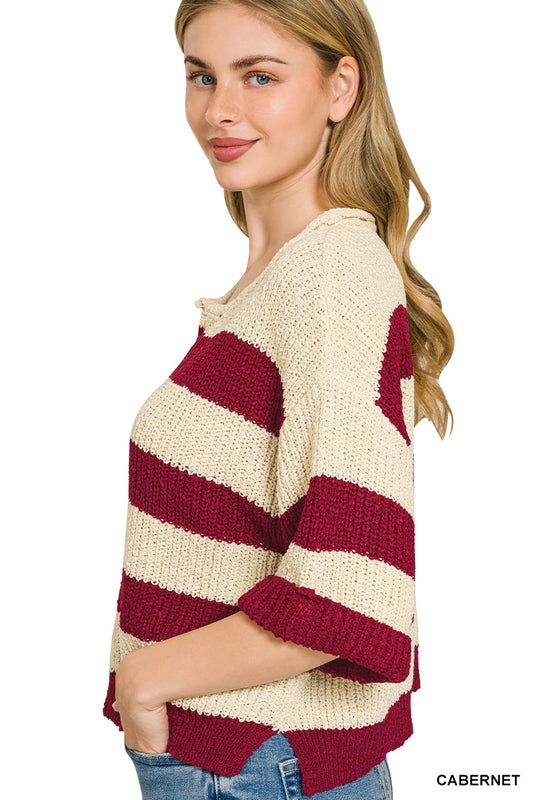 Cabernet Stripe Knit V-Neck Short 3/4 Sleeve Sweater by Zenana Side View