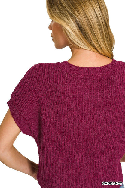 Cabernet Textured Knit V-Neck Cropped Short Sleeve Sweater by Zenana Back View