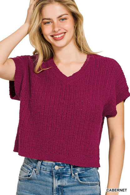 Cabernet Textured Knit V-Neck Cropped Short Sleeve Sweater by Zenana Front View
