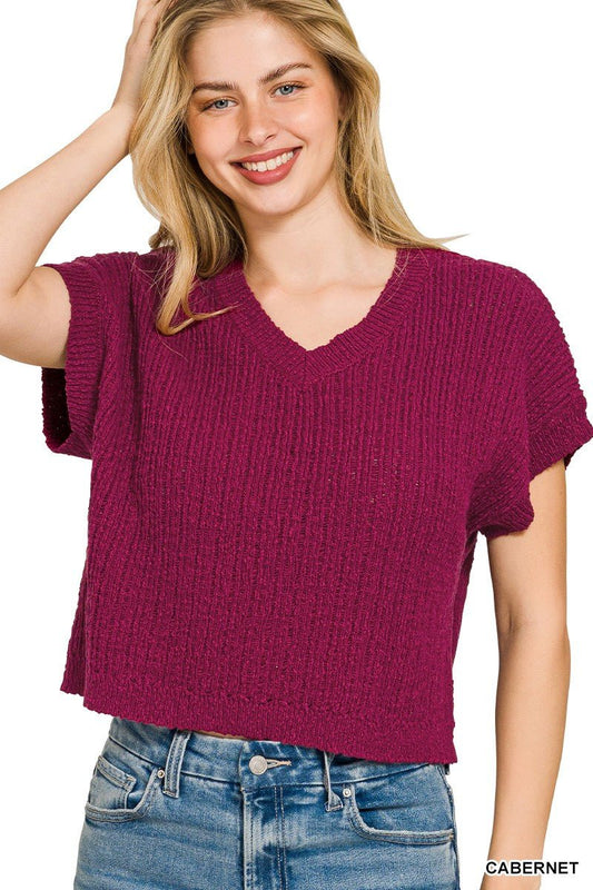 Cabernet Textured Knit V-Neck Cropped Short Sleeve Sweater by Zenana Front View