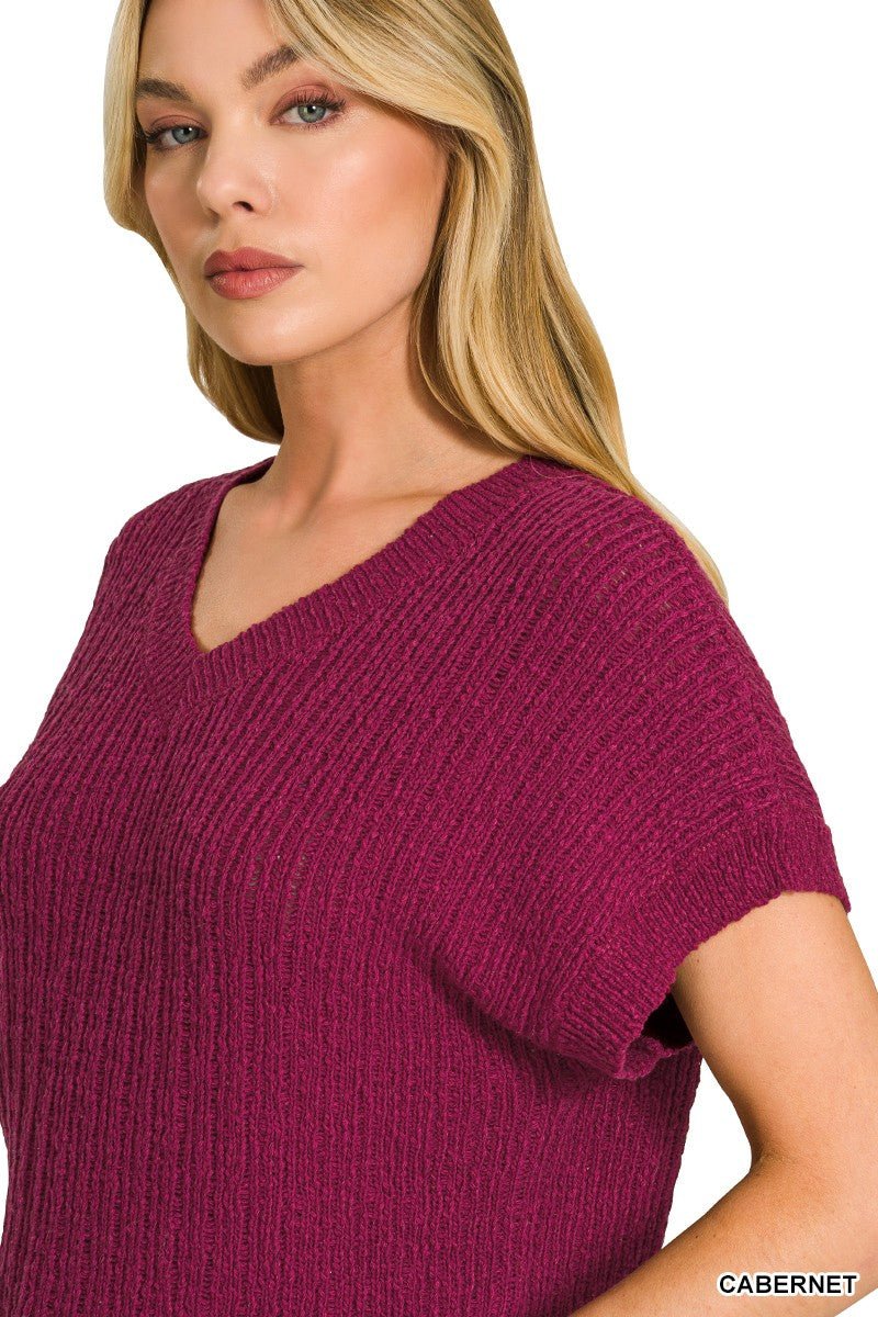 Cabernet Textured Knit V-Neck Cropped Short Sleeve Sweater by Zenana Side View