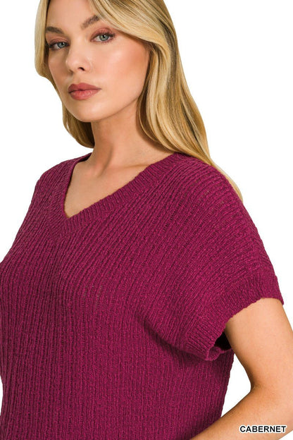 Cabernet Textured Knit V-Neck Cropped Short Sleeve Sweater by Zenana Side View