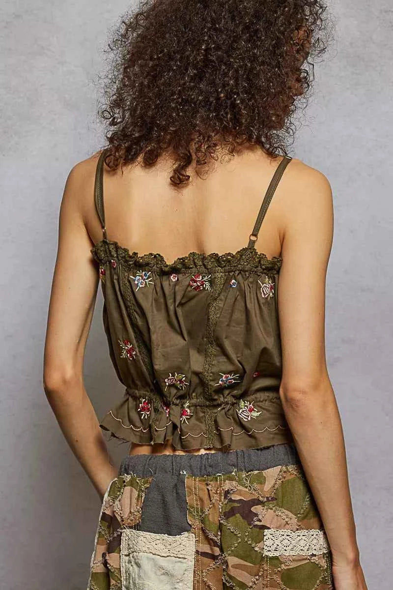 Cacao Button Down Floral Embroidered Cropped Cami Lace Detail | POL