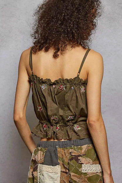 Cacao Button Down Floral Embroidered Cropped Cami Lace Detail | POL