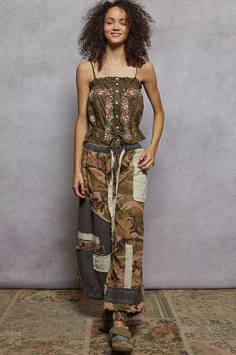 Cacao Button Down Floral Embroidered Cropped Cami Lace Detail | POL Full View