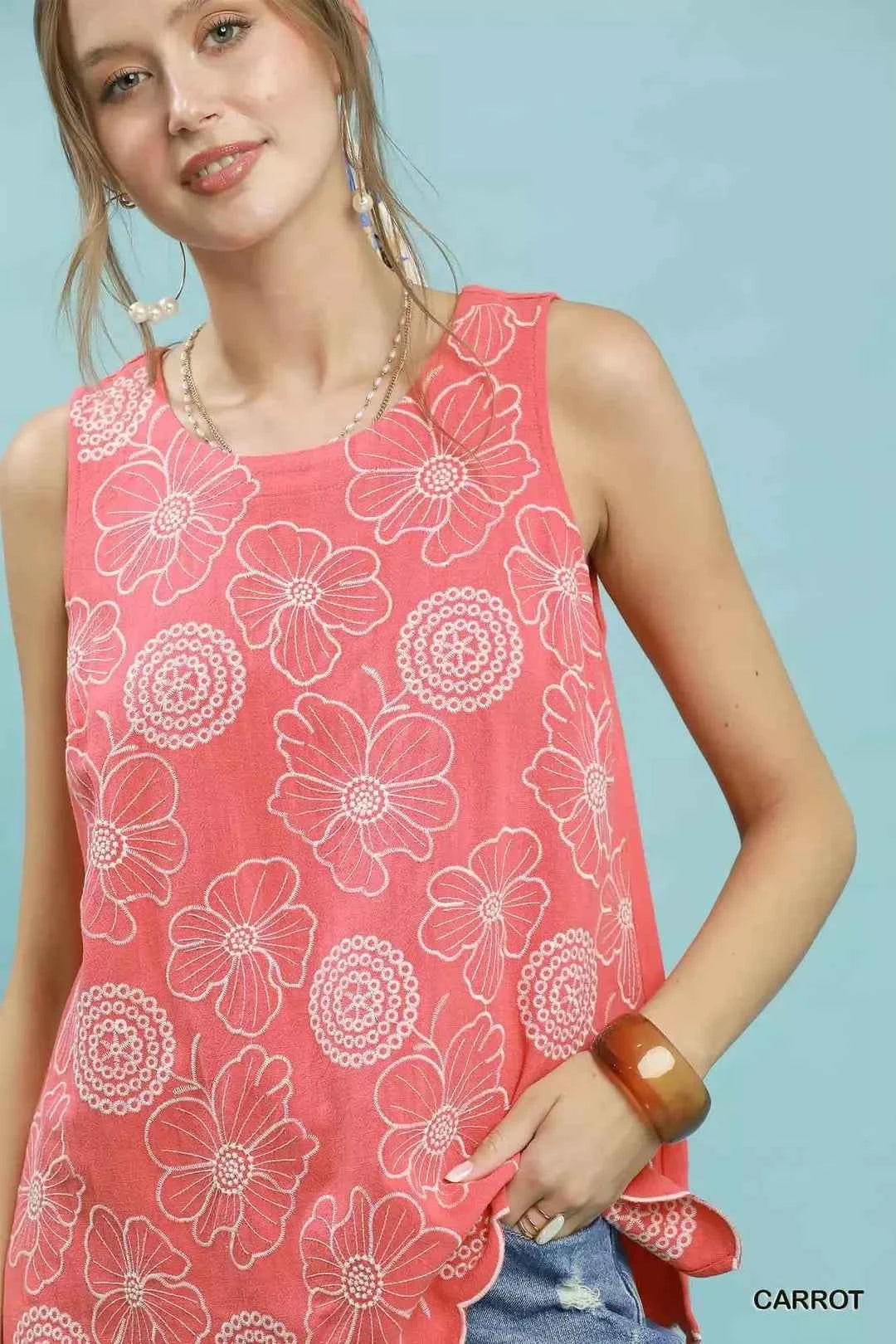 Carrot Orange Linen Floral Embroidered Sleeveless Top by Umgee
