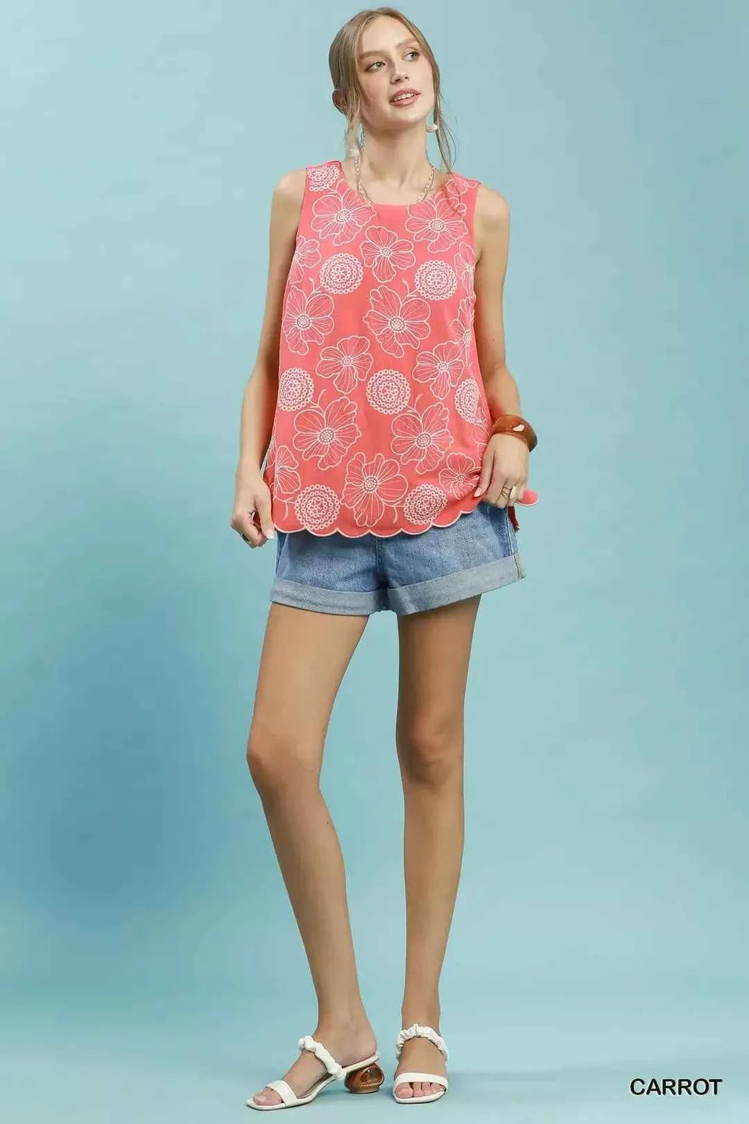 Carrot Orange Linen Floral Embroidered Sleeveless Top by Umgee