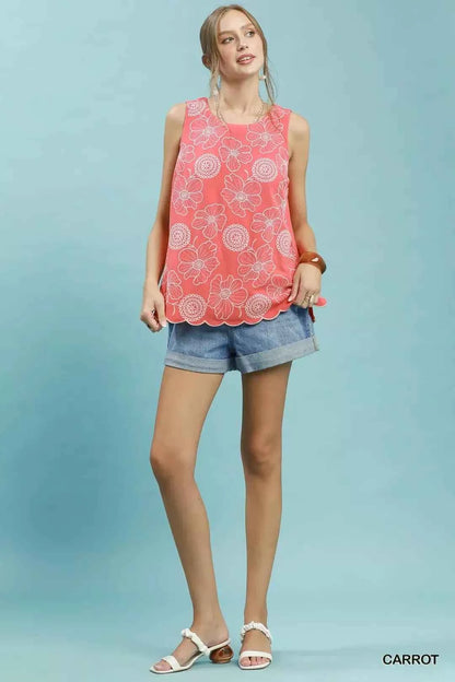 Carrot Orange Linen Floral Embroidered Sleeveless Top by Umgee