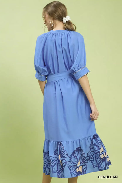 Cerulean Blue Floral Belted Midi Dress - Pockets & Ruffle Hem by Umgee Back View
