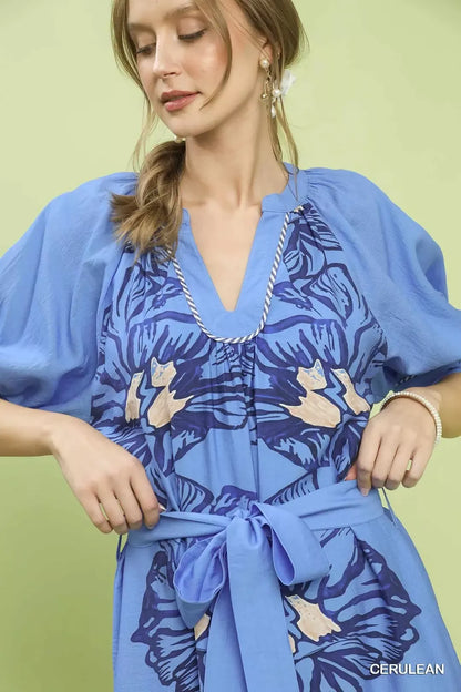 Cerulean Blue Floral Belted Midi Dress - Pockets & Ruffle Hem by Umgee Close View