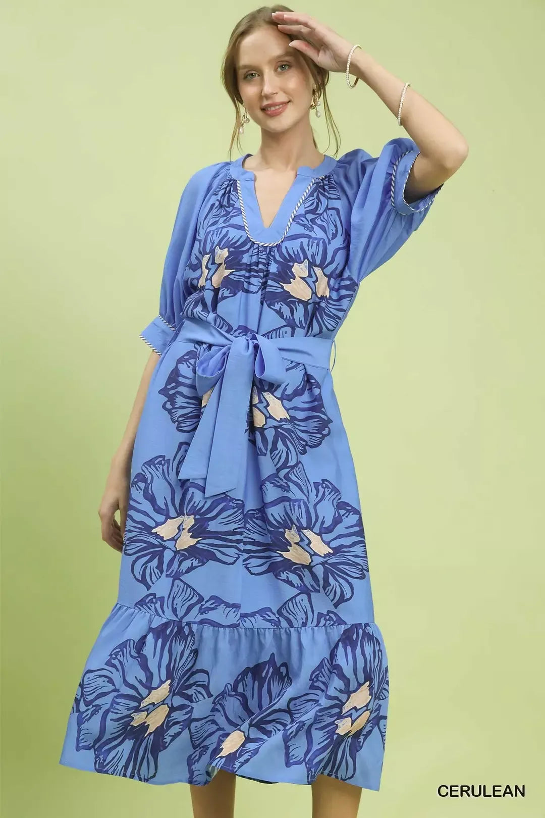 Cerulean Blue Floral Belted Midi Dress - Pockets & Ruffle Hem by Umgee Front View