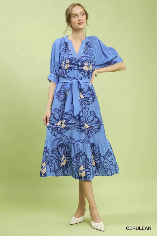 Cerulean Blue Floral Belted Midi Dress - Pockets & Ruffle Hem by Umgee Full View