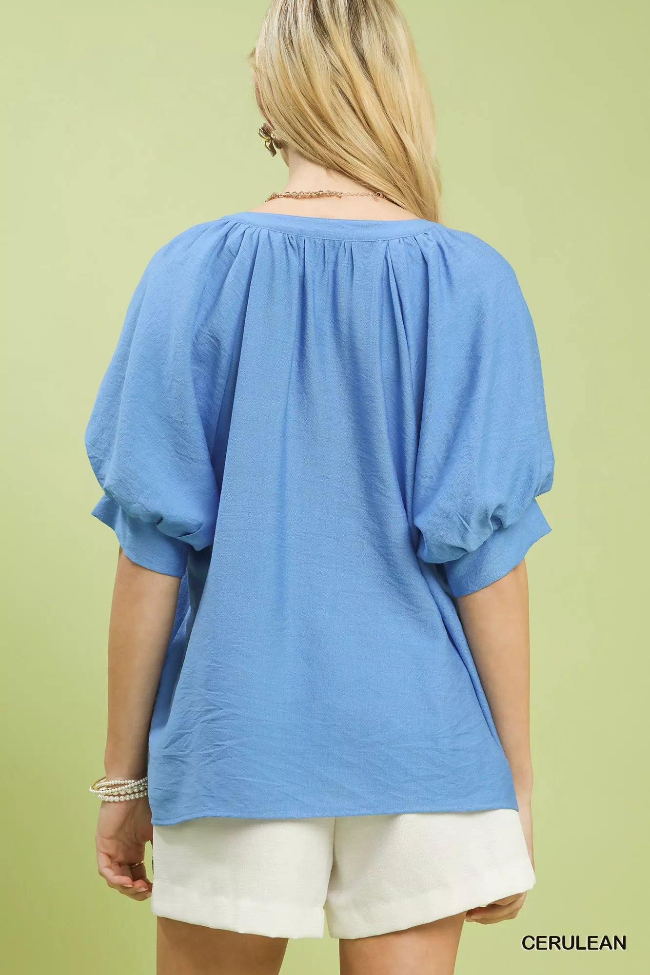 Cerulean Embroidered Puff Sleeve Blouse by Umgee | Feminine Floral Top Back View
