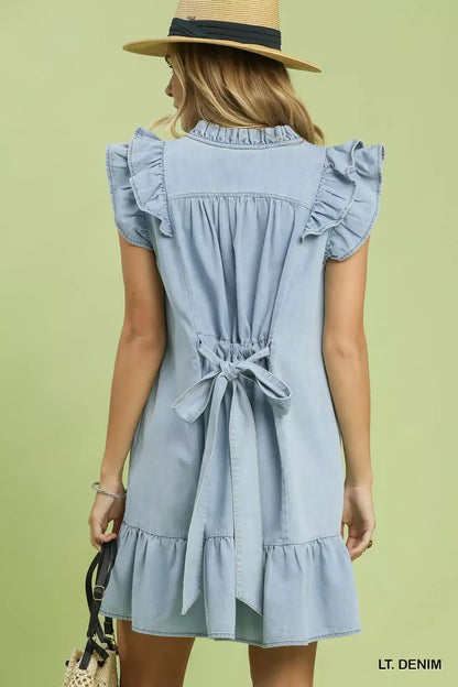 Chambray Denim Babydoll Dress with Ruffle Sleeves & Tie Waist by Umgee Back View2