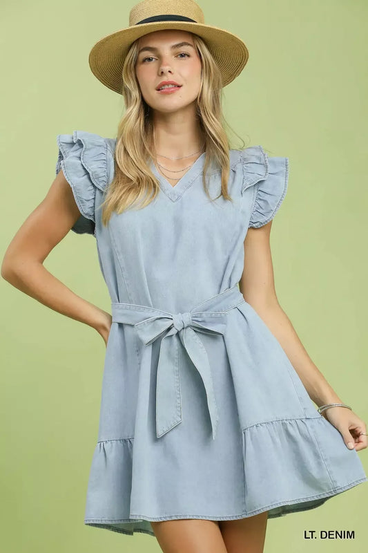 Chambray Denim Babydoll Dress with Ruffle Sleeves & Tie Waist by Umgee Front View