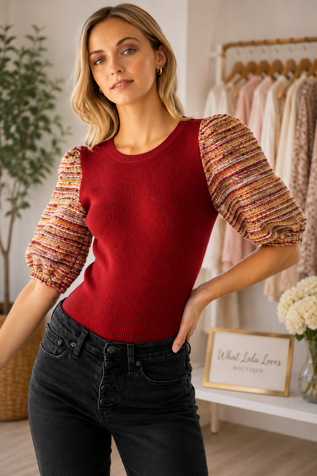 Burgundy knit top with multicolor tweed puff sleeves by Voy front view