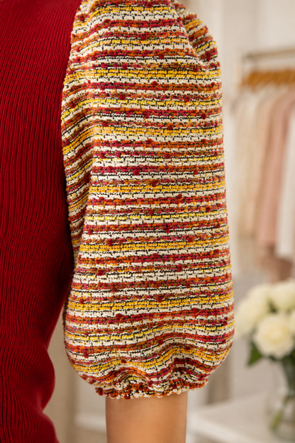 Burgundy knit top with multicolor tweed puff sleeves by Voy sleeve close up 2