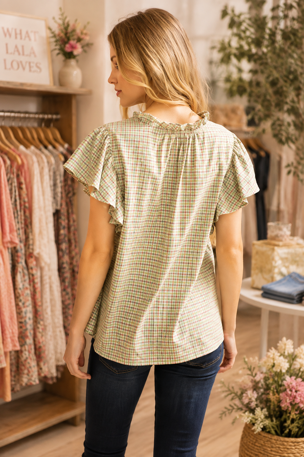 Sage Ruffle Front Opening Plaid Blouse by Voy back view