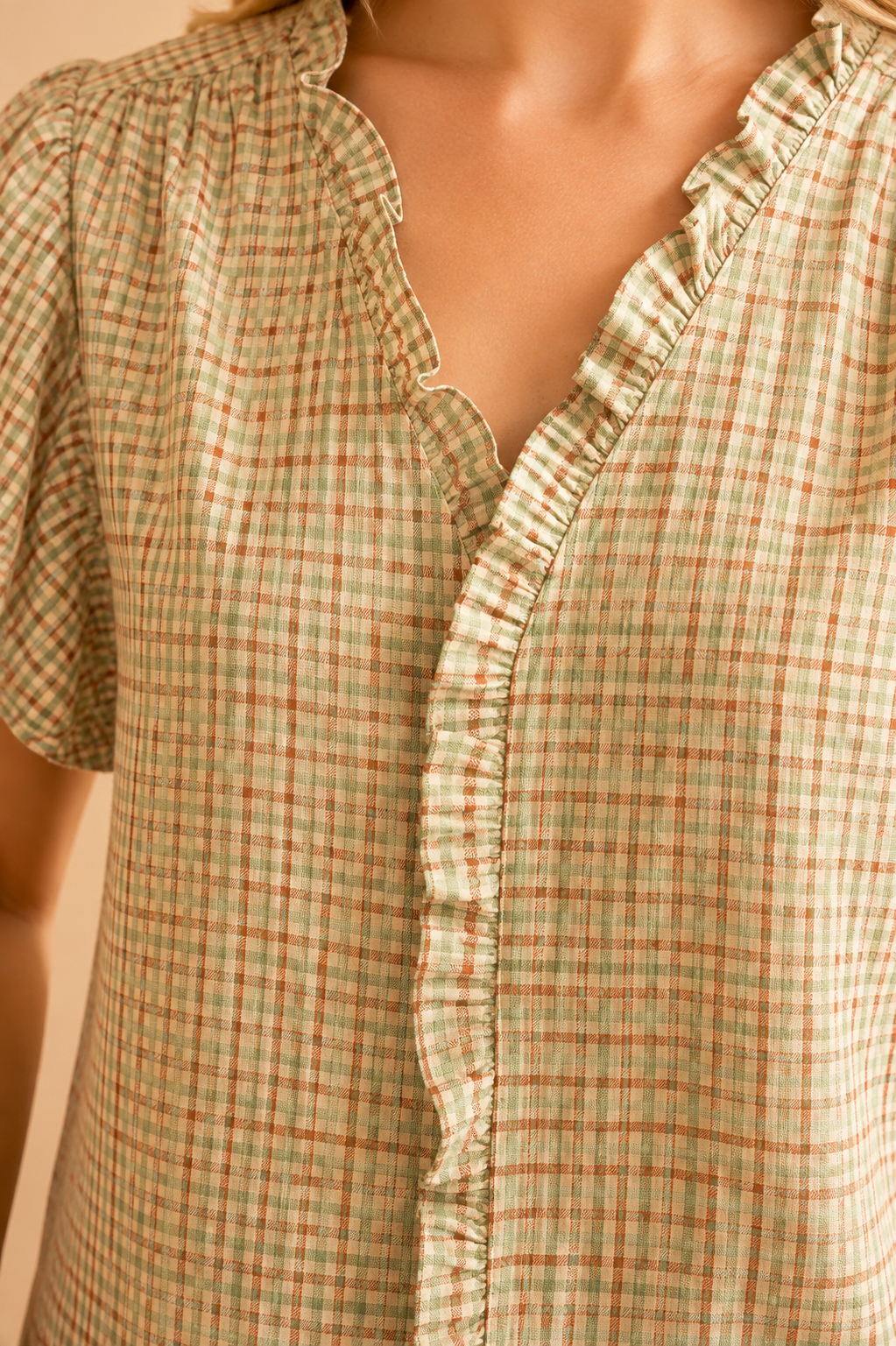 Ruffle Front Opening Plaid Blouse by Voy