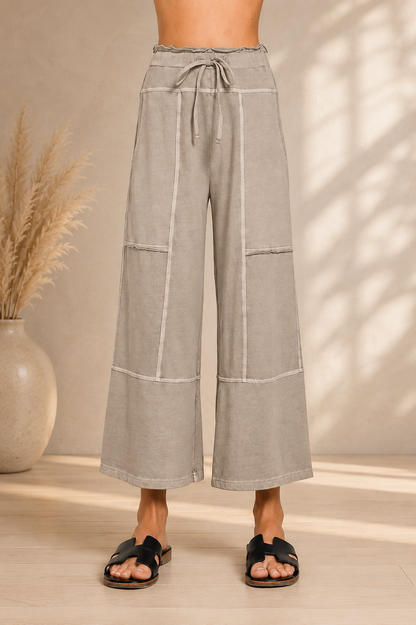 Ash Mocha French Terry Washed Exposed-Seam Wide Leg Pants | Zenana