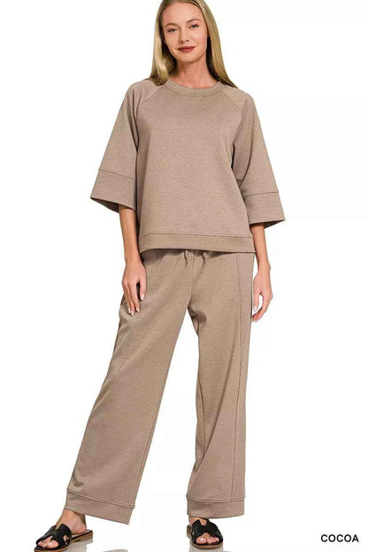 Cocoa Brown Scuba 3/4 Sleeve Pullover & Pants Set w/ Pockets by Zenana Full View