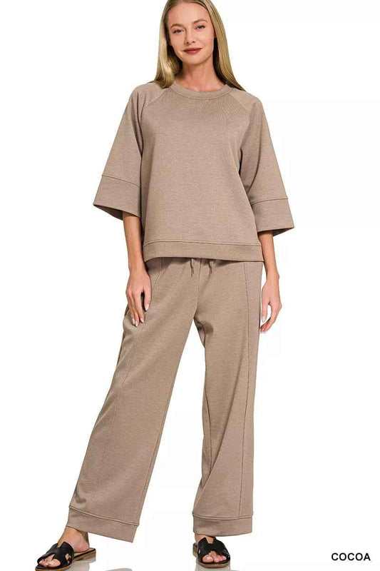 Cocoa Brown Scuba 3/4 Sleeve Pullover & Pants Set w/ Pockets by Zenana Full View