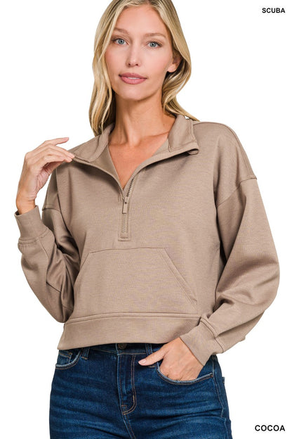 Cocoa Scuba Half Zip Pullover Sweatshirt-Kangaroo Pockets by Zenana Front View