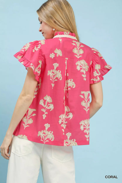 Coral Floral Ruffle Sleeve Split-Neck Top by Umgee Back view