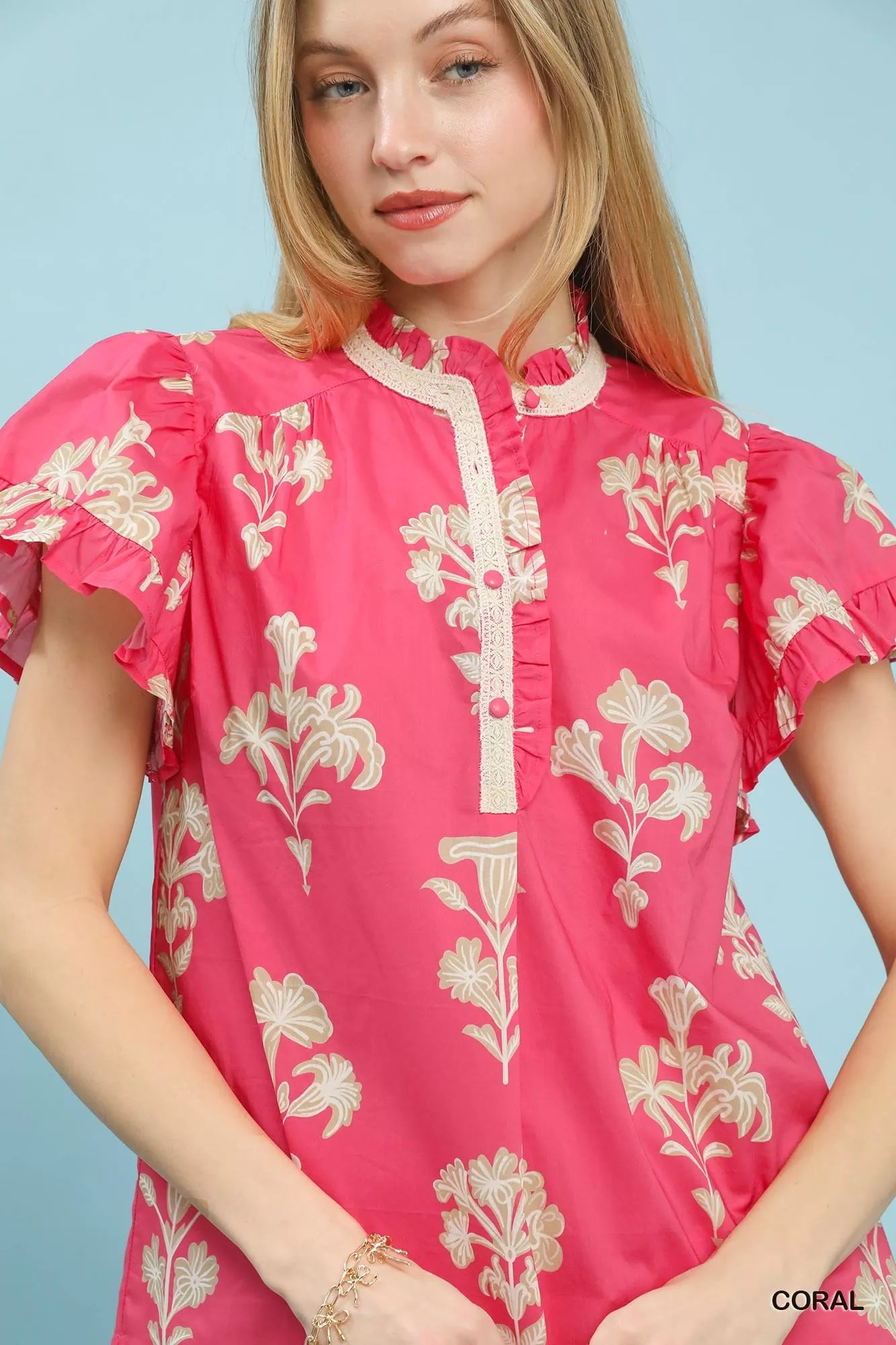 Coral Floral Ruffle Sleeve Split-Neck Top by Umgee Close View