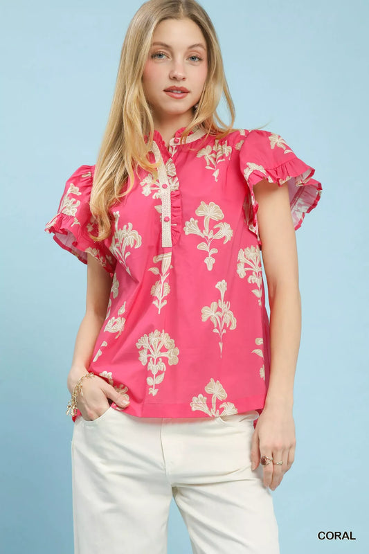 Coral Floral Ruffle Sleeve Split-Neck Top by Umgee Front View