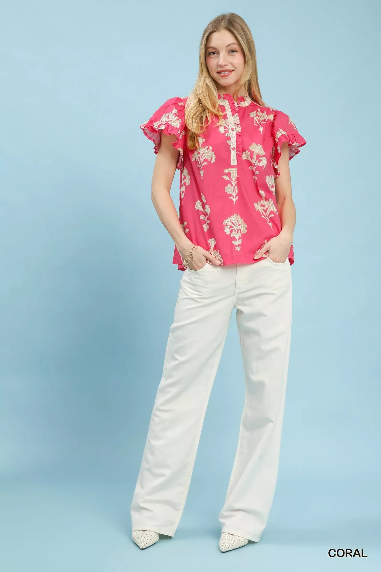 Coral Floral Ruffle Sleeve Split-Neck Top by Umgee Full View