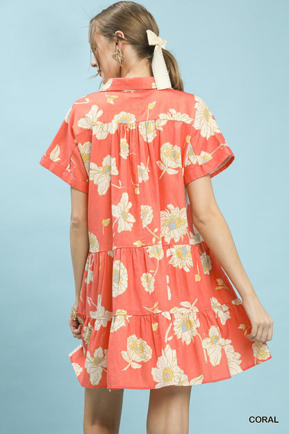 Coral Floral Tiered Collared Babydoll Dress by Umgee Back View