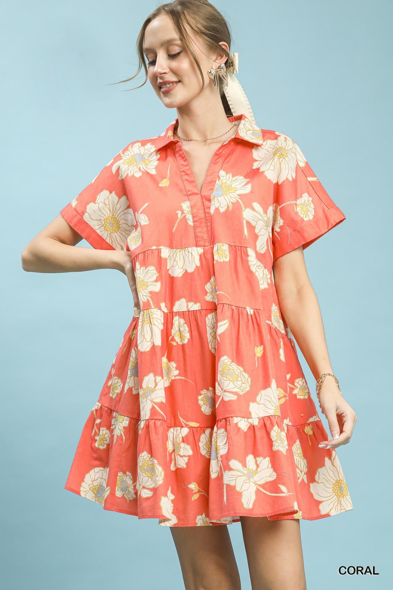 Coral Floral Tiered Collared Babydoll Dress by Umgee Front View