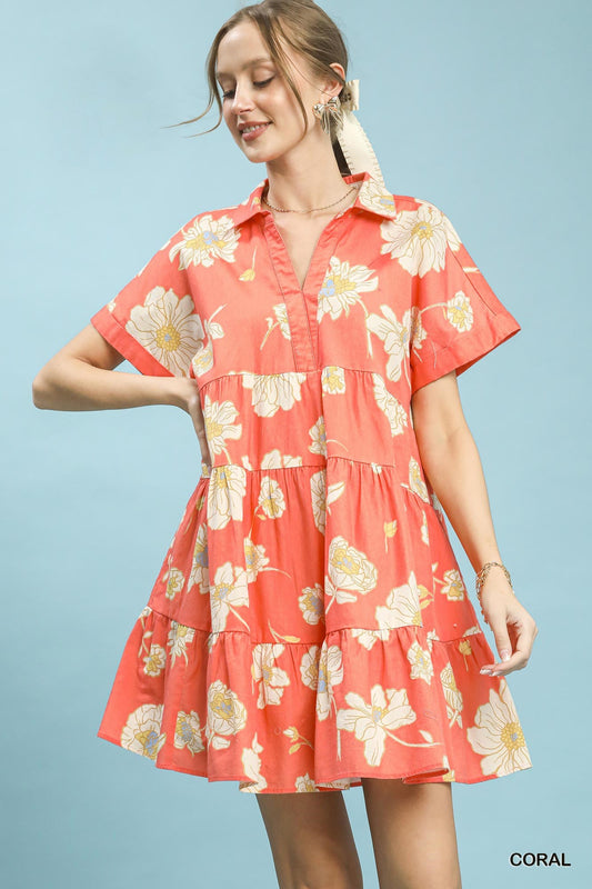 Coral Floral Tiered Collared Babydoll Dress by Umgee Front View