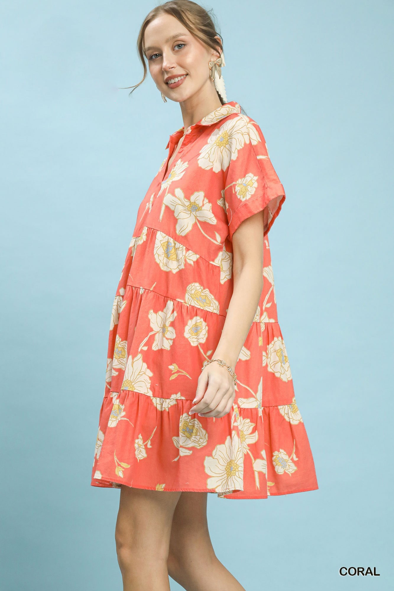Coral Floral Tiered Collared Babydoll Dress by Umgee Side View