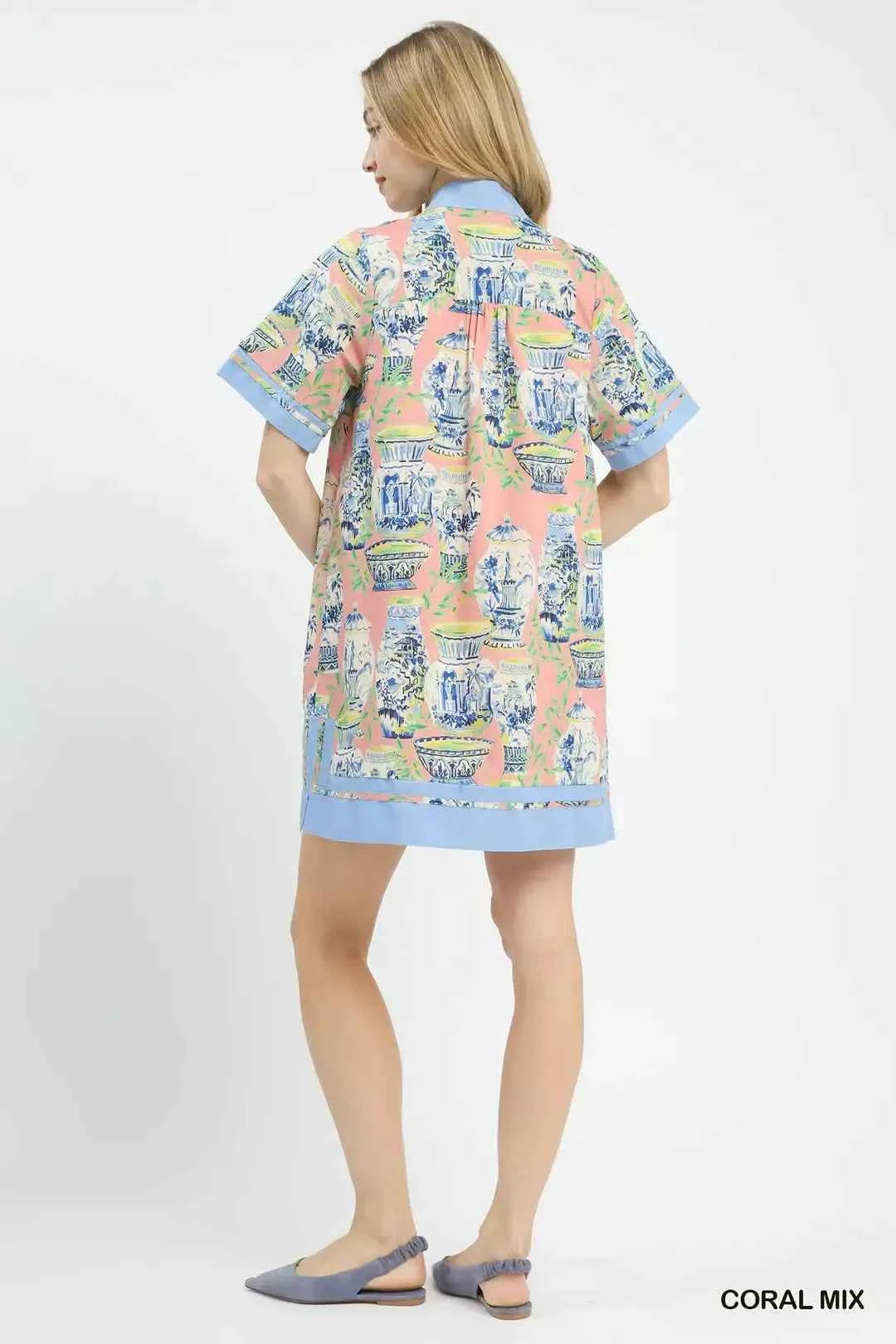 Coral Mix Abstract Print Mini Dress with Pockets by Umgee