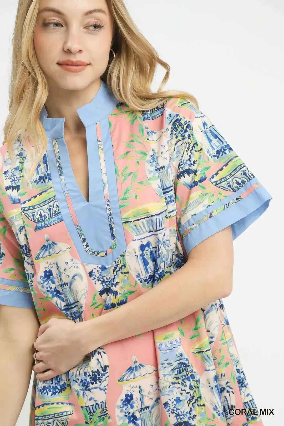 Coral Mix Abstract Print Mini Dress with Pockets by Umgee