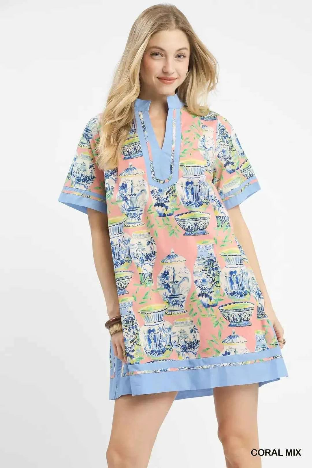 Coral Mix Abstract Print Mini Dress with Pockets by Umgee