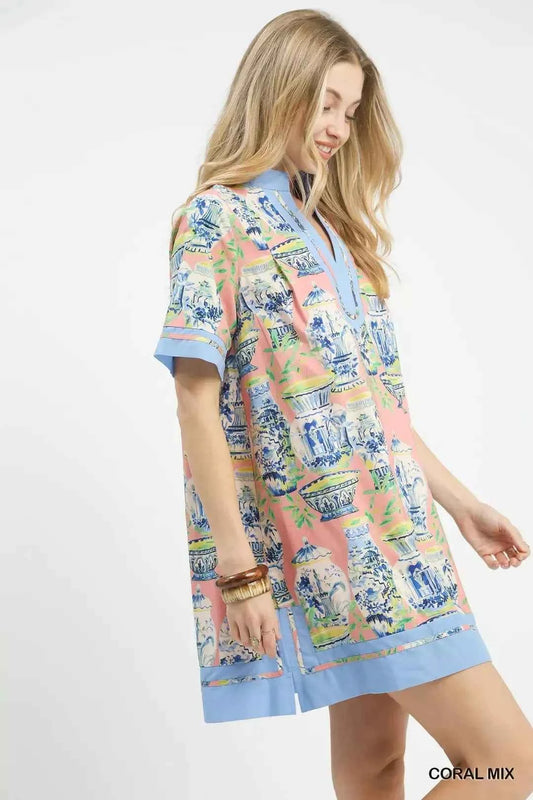 Coral Mix Abstract Print Mini Dress with Pockets by Umgee