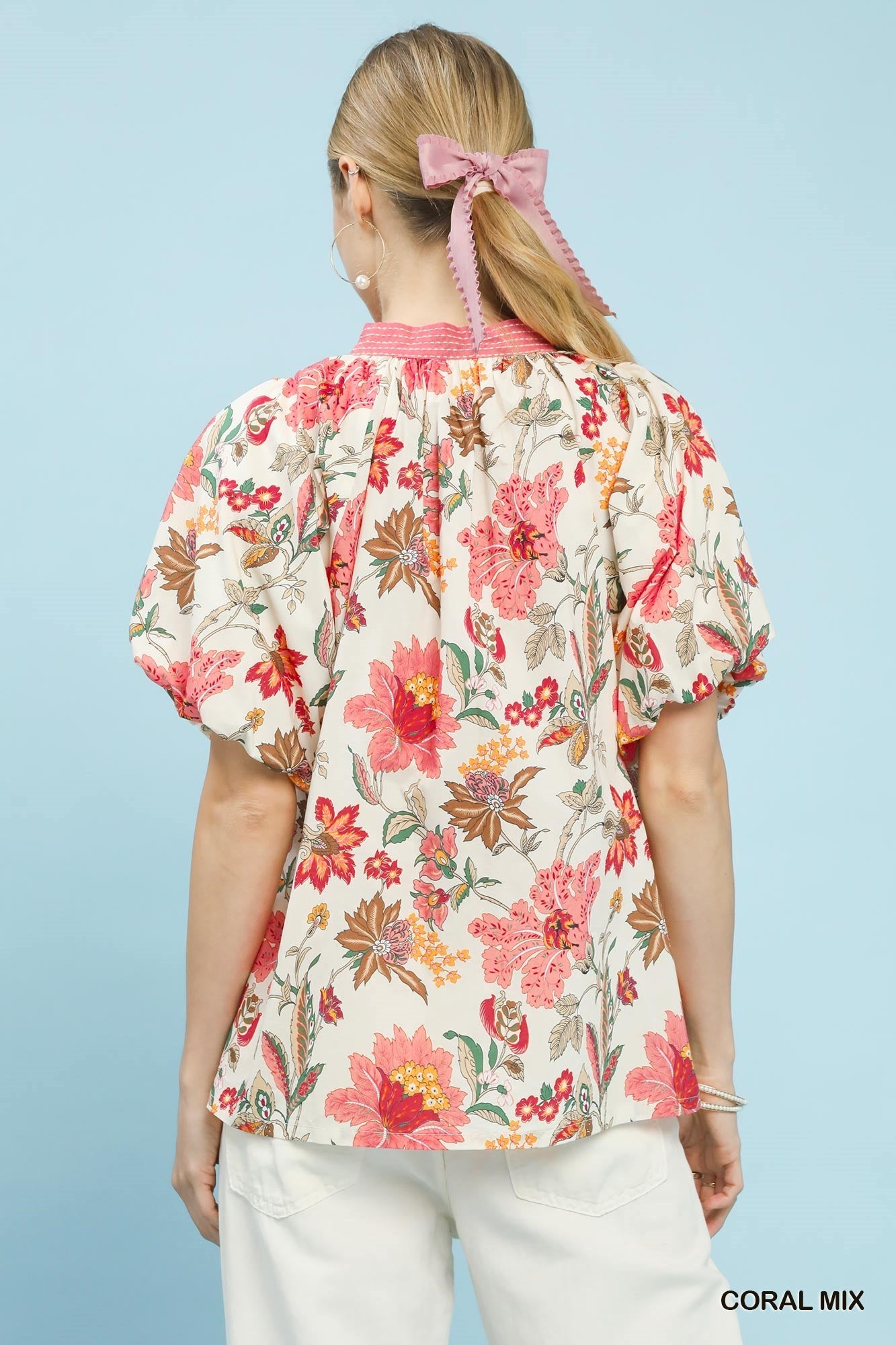 Coral Mix Floral Puff Sleeve Blouse by Umgee Back View