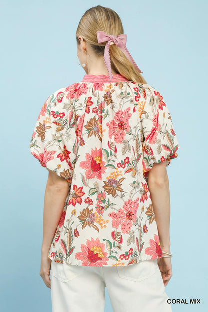 Coral Mix Floral Puff Sleeve Blouse by Umgee Back View