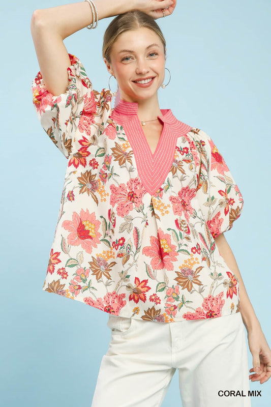 Coral Mix Floral Puff Sleeve Blouse by Umgee Front View